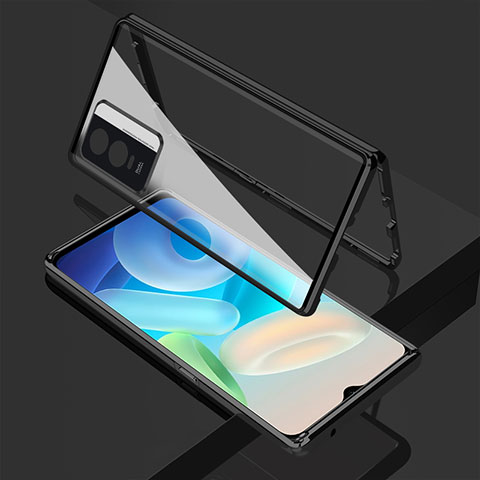 Handyhülle Hülle Luxus Aluminium Metall Rahmen Spiegel 360 Grad Ganzkörper Tasche P01 für Vivo Y76s 5G Schwarz