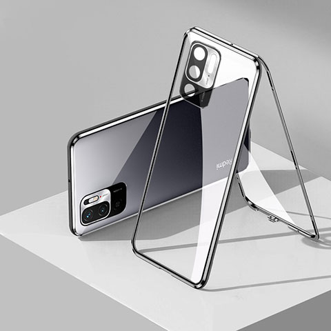 Handyhülle Hülle Luxus Aluminium Metall Rahmen Spiegel 360 Grad Ganzkörper Tasche P01 für Xiaomi POCO M3 Pro 5G Schwarz