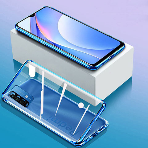 Handyhülle Hülle Luxus Aluminium Metall Rahmen Spiegel 360 Grad Ganzkörper Tasche P01 für Xiaomi Redmi 9 Power Blau