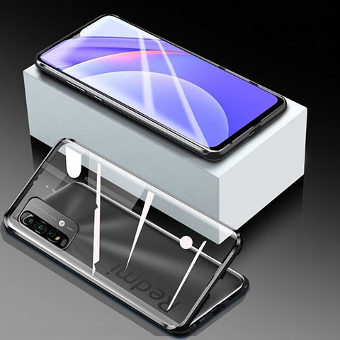 Handyhülle Hülle Luxus Aluminium Metall Rahmen Spiegel 360 Grad Ganzkörper Tasche P01 für Xiaomi Redmi 9T 4G Schwarz