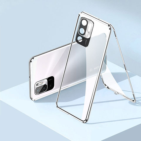 Handyhülle Hülle Luxus Aluminium Metall Rahmen Spiegel 360 Grad Ganzkörper Tasche P01 für Xiaomi Redmi Note 10 5G Silber