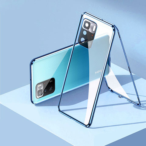 Handyhülle Hülle Luxus Aluminium Metall Rahmen Spiegel 360 Grad Ganzkörper Tasche P01 für Xiaomi Redmi Note 10 Pro 5G Blau