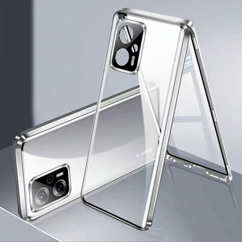 Handyhülle Hülle Luxus Aluminium Metall Rahmen Spiegel 360 Grad Ganzkörper Tasche P01 für Xiaomi Redmi Note 11T Pro 5G Silber