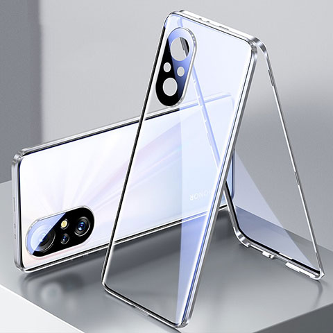 Handyhülle Hülle Luxus Aluminium Metall Rahmen Spiegel 360 Grad Ganzkörper Tasche P02 für Huawei Nova 9 SE Silber