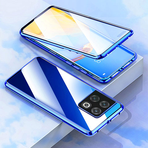 Handyhülle Hülle Luxus Aluminium Metall Rahmen Spiegel 360 Grad Ganzkörper Tasche P02 für OnePlus 10 Pro 5G Blau