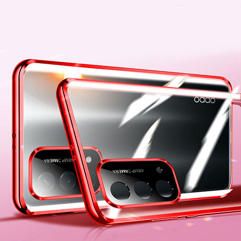 Handyhülle Hülle Luxus Aluminium Metall Rahmen Spiegel 360 Grad Ganzkörper Tasche P02 für Oppo A55 5G Rot