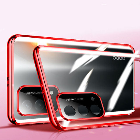 Handyhülle Hülle Luxus Aluminium Metall Rahmen Spiegel 360 Grad Ganzkörper Tasche P02 für Oppo A55S 5G Rot