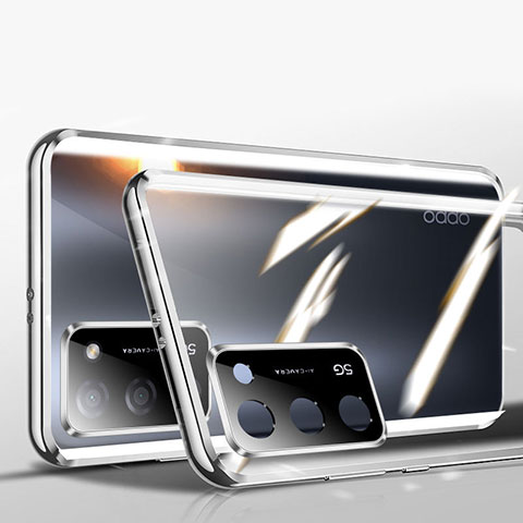 Handyhülle Hülle Luxus Aluminium Metall Rahmen Spiegel 360 Grad Ganzkörper Tasche P02 für Oppo A56 5G Silber