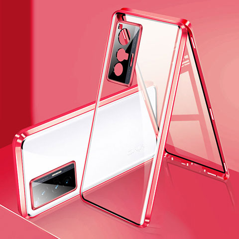 Handyhülle Hülle Luxus Aluminium Metall Rahmen Spiegel 360 Grad Ganzkörper Tasche P02 für Vivo X70 5G Rot
