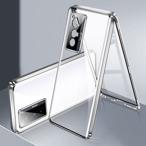 Handyhülle Hülle Luxus Aluminium Metall Rahmen Spiegel 360 Grad Ganzkörper Tasche P02 für Vivo X70 5G Silber