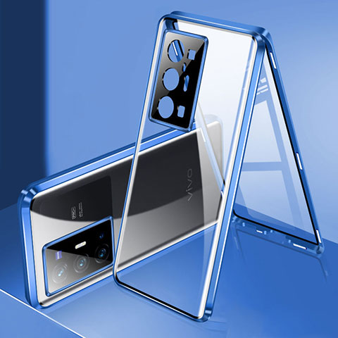 Handyhülle Hülle Luxus Aluminium Metall Rahmen Spiegel 360 Grad Ganzkörper Tasche P02 für Vivo X70 Pro+ Plus 5G Blau