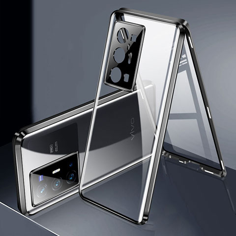 Handyhülle Hülle Luxus Aluminium Metall Rahmen Spiegel 360 Grad Ganzkörper Tasche P02 für Vivo X70 Pro+ Plus 5G Schwarz