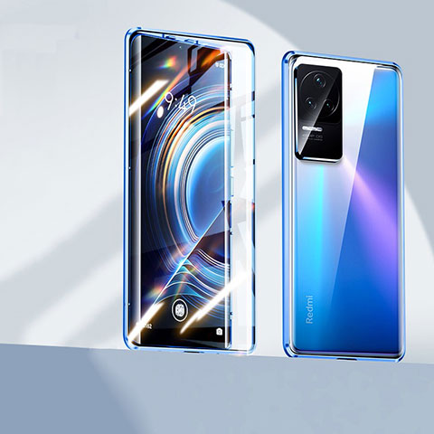 Handyhülle Hülle Luxus Aluminium Metall Rahmen Spiegel 360 Grad Ganzkörper Tasche P02 für Xiaomi Poco F4 5G Blau