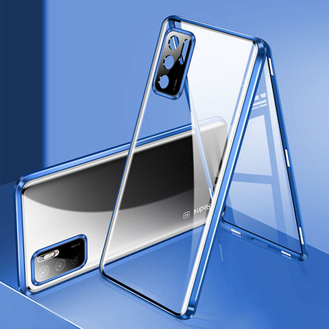 Handyhülle Hülle Luxus Aluminium Metall Rahmen Spiegel 360 Grad Ganzkörper Tasche P02 für Xiaomi Redmi Note 10T 5G Blau