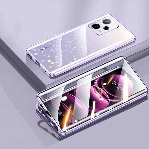 Handyhülle Hülle Luxus Aluminium Metall Rahmen Spiegel 360 Grad Ganzkörper Tasche P02 für Xiaomi Redmi Note 12 Explorer Violett