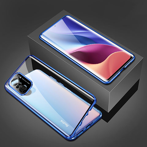 Handyhülle Hülle Luxus Aluminium Metall Rahmen Spiegel 360 Grad Ganzkörper Tasche P03 für Xiaomi Poco F3 5G Blau