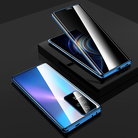 Handyhülle Hülle Luxus Aluminium Metall Rahmen Spiegel 360 Grad Ganzkörper Tasche P03 für Xiaomi Poco F4 5G Blau