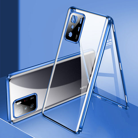 Handyhülle Hülle Luxus Aluminium Metall Rahmen Spiegel 360 Grad Ganzkörper Tasche P03 für Xiaomi Redmi Note 10 Pro 5G Blau