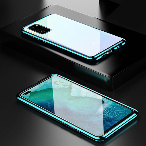 Handyhülle Hülle Luxus Aluminium Metall Rahmen Spiegel 360 Grad Ganzkörper Tasche T01 für Huawei Honor V30 5G Cyan