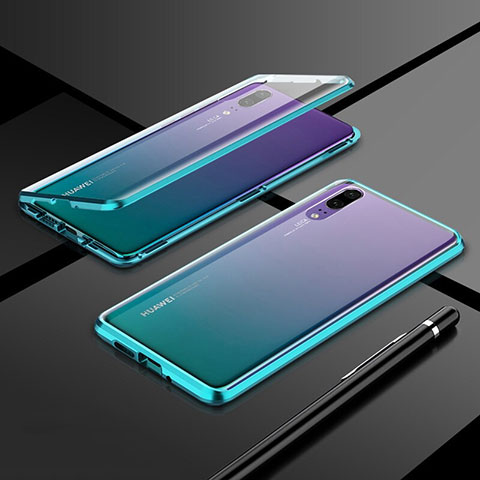 Handyhülle Hülle Luxus Aluminium Metall Rahmen Spiegel 360 Grad Ganzkörper Tasche T01 für Huawei P20 Cyan