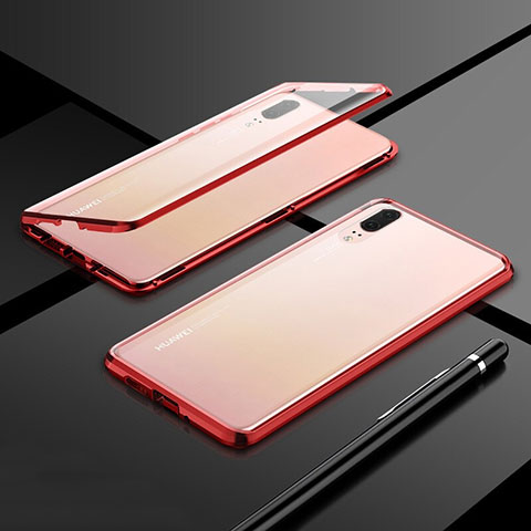 Handyhülle Hülle Luxus Aluminium Metall Rahmen Spiegel 360 Grad Ganzkörper Tasche T01 für Huawei P20 Rot