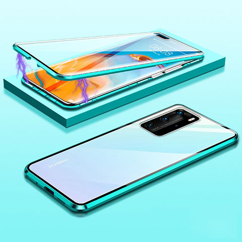 Handyhülle Hülle Luxus Aluminium Metall Rahmen Spiegel 360 Grad Ganzkörper Tasche T01 für Huawei P40 Pro Cyan