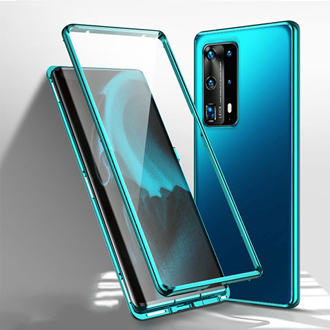 Handyhülle Hülle Luxus Aluminium Metall Rahmen Spiegel 360 Grad Ganzkörper Tasche T01 für Huawei P40 Pro+ Plus Cyan