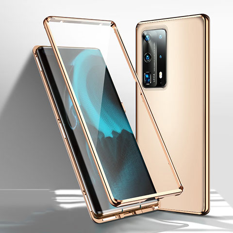 Handyhülle Hülle Luxus Aluminium Metall Rahmen Spiegel 360 Grad Ganzkörper Tasche T01 für Huawei P40 Pro+ Plus Gold