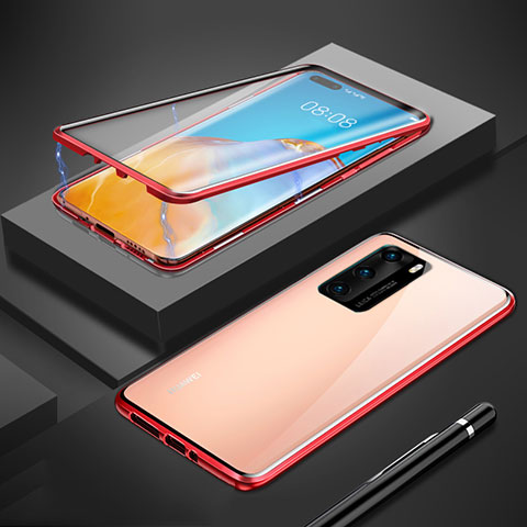 Handyhülle Hülle Luxus Aluminium Metall Rahmen Spiegel 360 Grad Ganzkörper Tasche T01 für Huawei P40 Rot