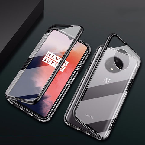 Handyhülle Hülle Luxus Aluminium Metall Rahmen Spiegel 360 Grad Ganzkörper Tasche T01 für OnePlus 7T Schwarz