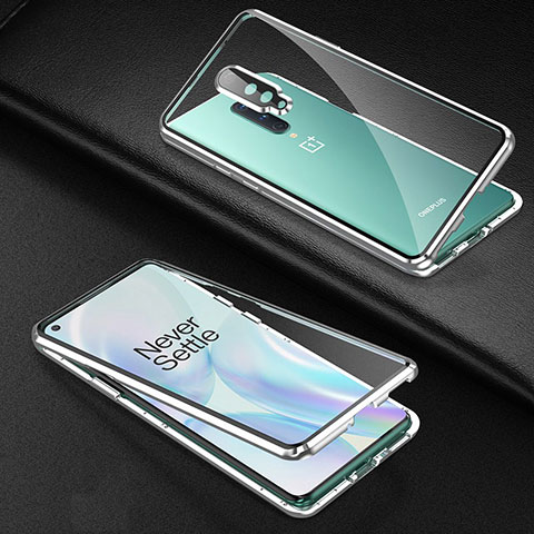 Handyhülle Hülle Luxus Aluminium Metall Rahmen Spiegel 360 Grad Ganzkörper Tasche T01 für OnePlus 8 Silber