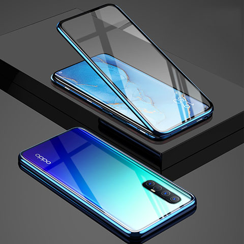 Handyhülle Hülle Luxus Aluminium Metall Rahmen Spiegel 360 Grad Ganzkörper Tasche T01 für Oppo Reno3 Pro Blau