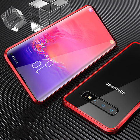 Handyhülle Hülle Luxus Aluminium Metall Rahmen Spiegel 360 Grad Ganzkörper Tasche T01 für Samsung Galaxy S10 5G Rot