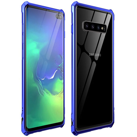 Handyhülle Hülle Luxus Aluminium Metall Rahmen Spiegel 360 Grad Ganzkörper Tasche T01 für Samsung Galaxy S10 Plus Blau