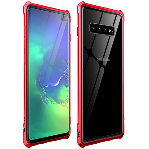 Handyhülle Hülle Luxus Aluminium Metall Rahmen Spiegel 360 Grad Ganzkörper Tasche T01 für Samsung Galaxy S10 Plus Rot