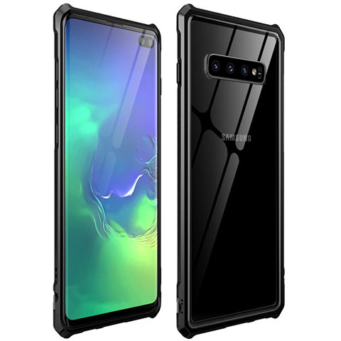 Handyhülle Hülle Luxus Aluminium Metall Rahmen Spiegel 360 Grad Ganzkörper Tasche T01 für Samsung Galaxy S10 Plus Schwarz