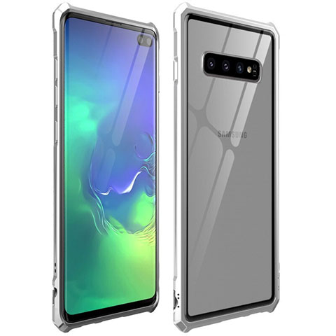 Handyhülle Hülle Luxus Aluminium Metall Rahmen Spiegel 360 Grad Ganzkörper Tasche T01 für Samsung Galaxy S10 Plus Silber