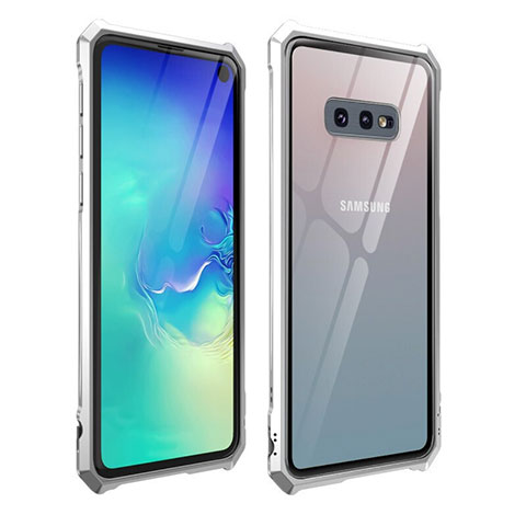 Handyhülle Hülle Luxus Aluminium Metall Rahmen Spiegel 360 Grad Ganzkörper Tasche T01 für Samsung Galaxy S10e Silber