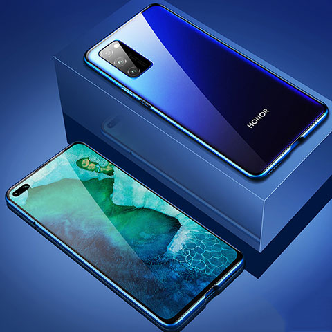 Handyhülle Hülle Luxus Aluminium Metall Rahmen Spiegel 360 Grad Ganzkörper Tasche T02 für Huawei Honor V30 5G Blau