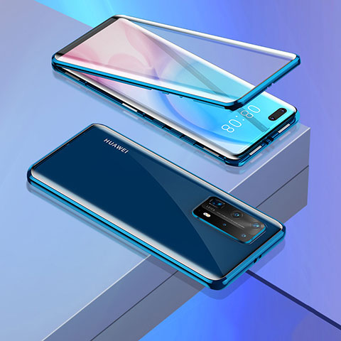 Handyhülle Hülle Luxus Aluminium Metall Rahmen Spiegel 360 Grad Ganzkörper Tasche T02 für Huawei P40 Pro+ Plus Blau