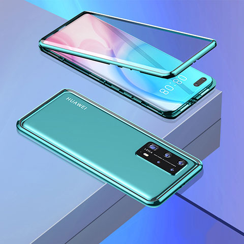 Handyhülle Hülle Luxus Aluminium Metall Rahmen Spiegel 360 Grad Ganzkörper Tasche T02 für Huawei P40 Pro+ Plus Cyan