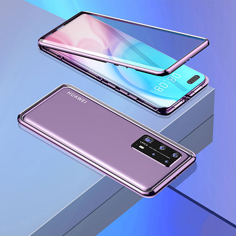 Handyhülle Hülle Luxus Aluminium Metall Rahmen Spiegel 360 Grad Ganzkörper Tasche T02 für Huawei P40 Pro+ Plus Violett