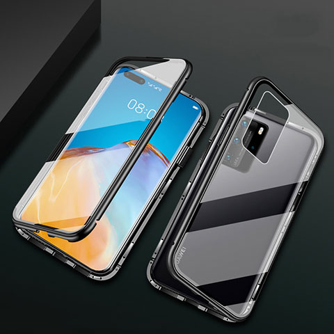 Handyhülle Hülle Luxus Aluminium Metall Rahmen Spiegel 360 Grad Ganzkörper Tasche T02 für Huawei P40 Pro Schwarz