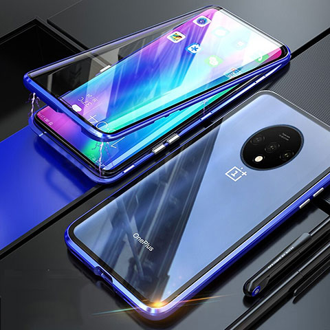 Handyhülle Hülle Luxus Aluminium Metall Rahmen Spiegel 360 Grad Ganzkörper Tasche T02 für OnePlus 7T Blau