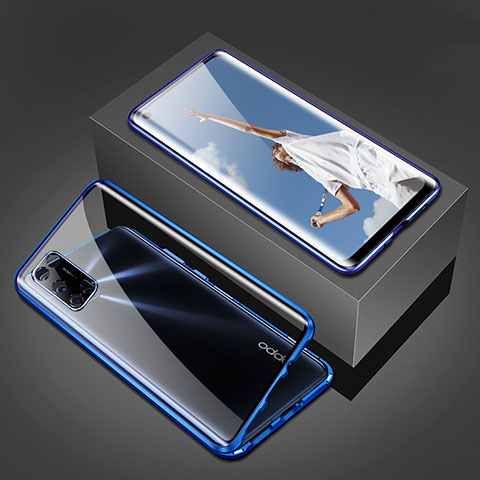 Handyhülle Hülle Luxus Aluminium Metall Rahmen Spiegel 360 Grad Ganzkörper Tasche T02 für Oppo A52 Blau