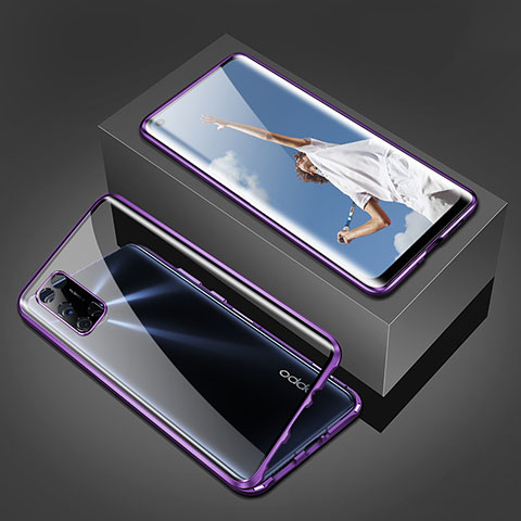 Handyhülle Hülle Luxus Aluminium Metall Rahmen Spiegel 360 Grad Ganzkörper Tasche T02 für Oppo A92 Violett