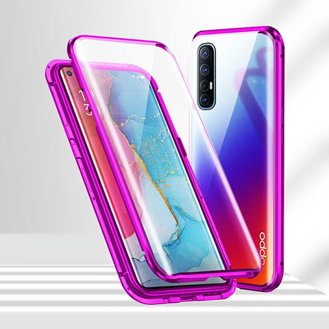 Handyhülle Hülle Luxus Aluminium Metall Rahmen Spiegel 360 Grad Ganzkörper Tasche T02 für Oppo Find X2 Neo Violett