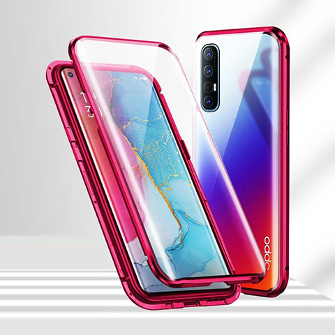 Handyhülle Hülle Luxus Aluminium Metall Rahmen Spiegel 360 Grad Ganzkörper Tasche T02 für Oppo Reno3 Pro Rot