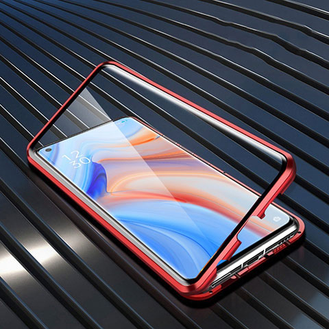 Handyhülle Hülle Luxus Aluminium Metall Rahmen Spiegel 360 Grad Ganzkörper Tasche T02 für Oppo Reno4 Pro 5G Rot