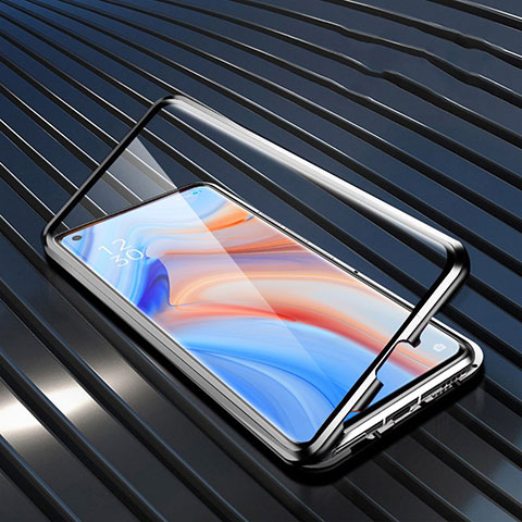 Handyhülle Hülle Luxus Aluminium Metall Rahmen Spiegel 360 Grad Ganzkörper Tasche T02 für Oppo Reno4 Pro 5G Schwarz